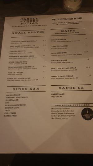 Full vegan menu (chages frequently for seasonal items) at Castle Bistro in Londonderry
