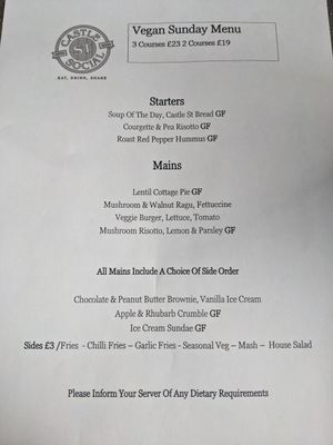 Sunday menu at Castle Bistro in Londonderry