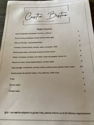 Vegan brunch menu  at Castle Bistro in Londonderry