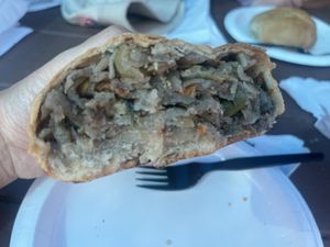 Halfway eaten vegan pastya  at Miners Pasties and IceCream in Munising