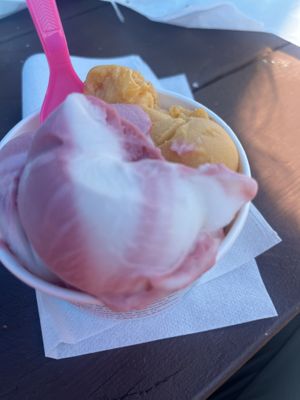 Raspberry/lemon and mango/carrot Italian ice cream  at Miners Pasties and IceCream in Munising