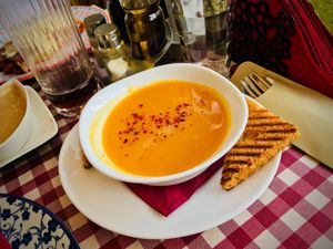 Sweet Potato, Coconut & Chili Soup at Resto Bar Taraca in Kotor