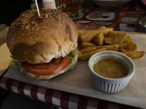Vegan burger. Too much mustard in the burger in my opinion at Resto Bar Taraca in Kotor