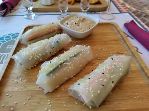 Vietnamese tofu veg rolls with almond coconut dipping sauce at Resto Bar Taraca in Kotor