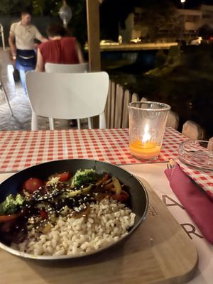 Teriyaki with brown rice, vegetables   at Resto Bar Taraca in Kotor