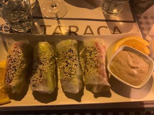Fully vegan Vietnamese rolls with peanut dipping sauce. Inside were tofu, raw veggies such as carrot, cucumber and red pepper.  at Resto Bar Taraca in Kotor