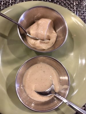 Vegan creamy ranch and tahini sauces at Federal Fritter in Rehoboth Beach
