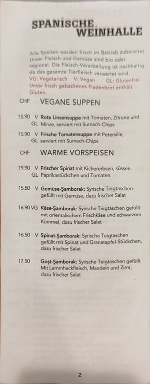 Soups and warm starters (v=vegan) at Spanische Weinhalle - Gourmet Kitchen in Burgdorf