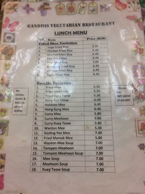 lunch menu at Gandhi's Vegetarian Restaurant in Kuala Lumpur