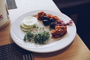 Spreads and vegetables from the breakfast buffet at Hotel Pension Tyrol in Telfs