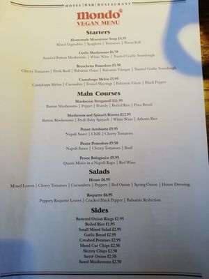 Vegan menu at Mondo in Coatbridge