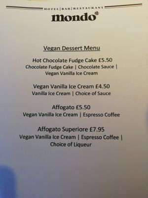 Vegan dessert menu at Mondo in Coatbridge