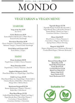 Menu  at Mondo in Coatbridge