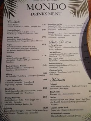 Cocktail menu at Mondo in Coatbridge