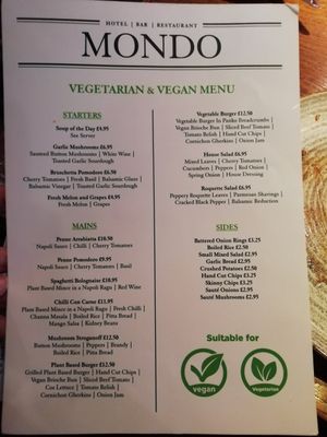 Vegan menu at Mondo in Coatbridge
