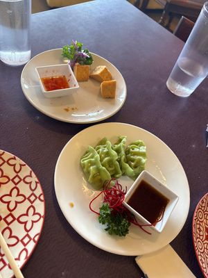 Almost gone Sian tofu and vegan gyoza.  So good!  at Sushi Siam in Taos