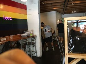 Stools inside (with Covid barriers) at Westville - Hell's Kitchen in New York City