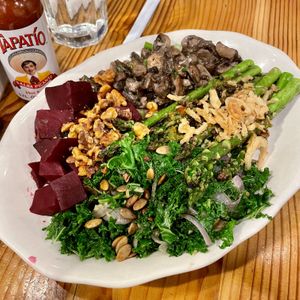 Market Plate: Sautéed Mixed Mushrooms, Beets with Walnuts, Sautéed Kale with Pumpkin Seeds, Grilled Asparagus with Lemon, Capers, Fried Onions  at Westville - Hell's Kitchen in New York City