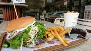 curry dhal potato croquette burger, seaweed fries, brownie, sabja chiller at VEGANBURG - Eunos Flagship Outlet in East Singapore
