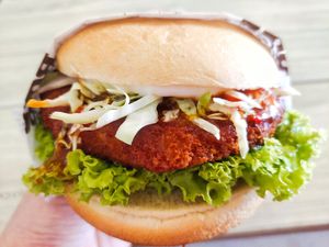 Award winning Vegan chili krab burger at VEGANBURG - Eunos Flagship Outlet in East Singapore