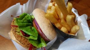 Avocado Beetroot burger and fries at VEGANBURG - Eunos Flagship Outlet in East Singapore
