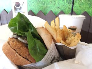 creamy mushroom crispy burger and fries at VEGANBURG - Eunos Flagship Outlet in East Singapore