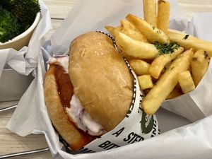 Chickn buffalo burger and fries   at VEGANBURG - Eunos Flagship Outlet in East Singapore