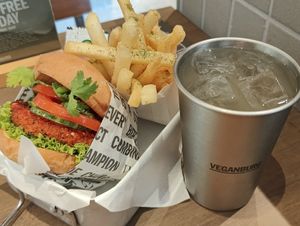 Hainanese Chickenless Burger meal comes with Crispy Soy Patty, seaweed Fries and Ginger Lemonade at VEGANBURG - Eunos Flagship Outlet in East Singapore