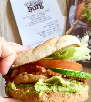 Char grilled satay burger customized: grilled soy patty + guacamole + satay peanut sauce + tomato slice + lettuce in between ciabatta buns.  at VEGANBURG - Eunos Flagship Outlet in East Singapore
