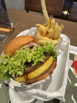 Teriyaki burger and some fries  at VEGANBURG - Eunos Flagship Outlet in East Singapore