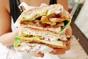 Close up of the Smoky BBQ burger at VEGANBURG - Eunos Flagship Outlet in East Singapore