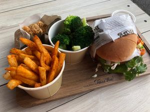 Chili Krab burger with curry fries, broccoli, shroom pop at VEGANBURG - Eunos Flagship Outlet in East Singapore