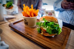 Chili Crab Berg with fries at VEGANBURG - Eunos Flagship Outlet in East Singapore
