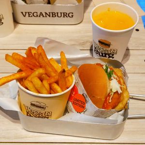 Chilli krab burger with curry fries and drinks at VEGANBURG - Eunos Flagship Outlet in East Singapore