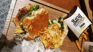 How the Chilli Krab burger looks like. Tastes very much like Singapore Chilli Crab! at VEGANBURG - Eunos Flagship Outlet in East Singapore