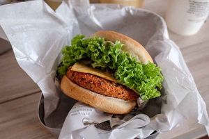 Creamy mushroom burger with a crispy patty
 at VEGANBURG - Eunos Flagship Outlet in East Singapore