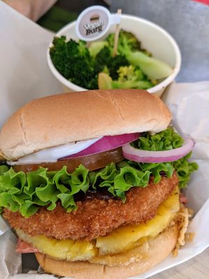 Hawaiian Teriyaki with bacon and egg add-on, L meal (broccoli as the side) at VEGANBURG - Eunos Flagship Outlet in East Singapore
