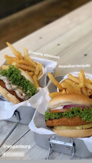 creamy shrooms and hawaiian teriyaki  at VEGANBURG - Eunos Flagship Outlet in East Singapore