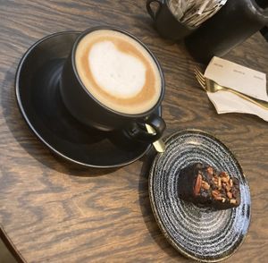 GF & VE pecan brownie and oat latte  at Java Whiskers in London