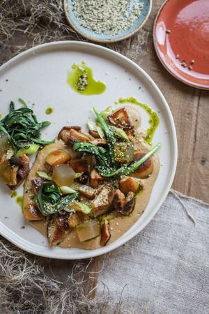 Jerusalem artichoke cream with mushrooms, hemp and wild garlic at Dom Konopli - Дом Конопли in Moscow