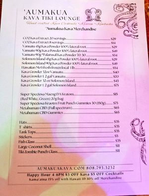 Menu at Aumākua Kava Lounge in Paia