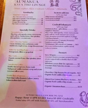 Menu at Aumākua Kava Lounge in Paia