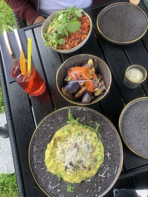 risotto, patatas bravas, chilli no carne at Villa Maria in Viljandi