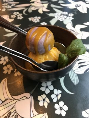 Mochi ice with mango sorbet   at Chay Vegan Asian Kitchen in Hamburg