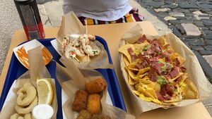 Gambas calamares croquetas y nachos at Cala Vegana in Menorca