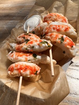 Vegambas with garlic and veganaise.  at Cala Vegana in Menorca