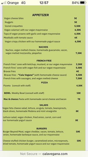 Menu in English! August 2022.  at Cala Vegana in Menorca