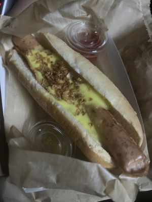 Their wiener hot dog!   at Cala Vegana in Menorca