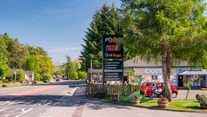 Outside picture of the cafe in  summer at The Real Food Cafe in Tyndrum