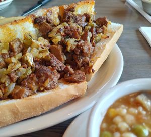 Cheesesteak with barley veg soup at Olga's Diner in Marlton